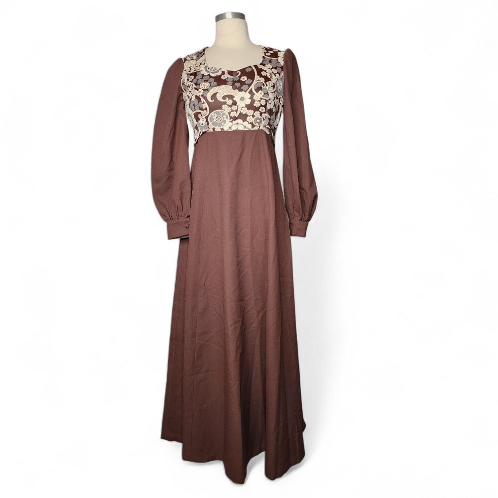 1970s Vintage Brown Folk Bohemian Maxi Dress Size XS